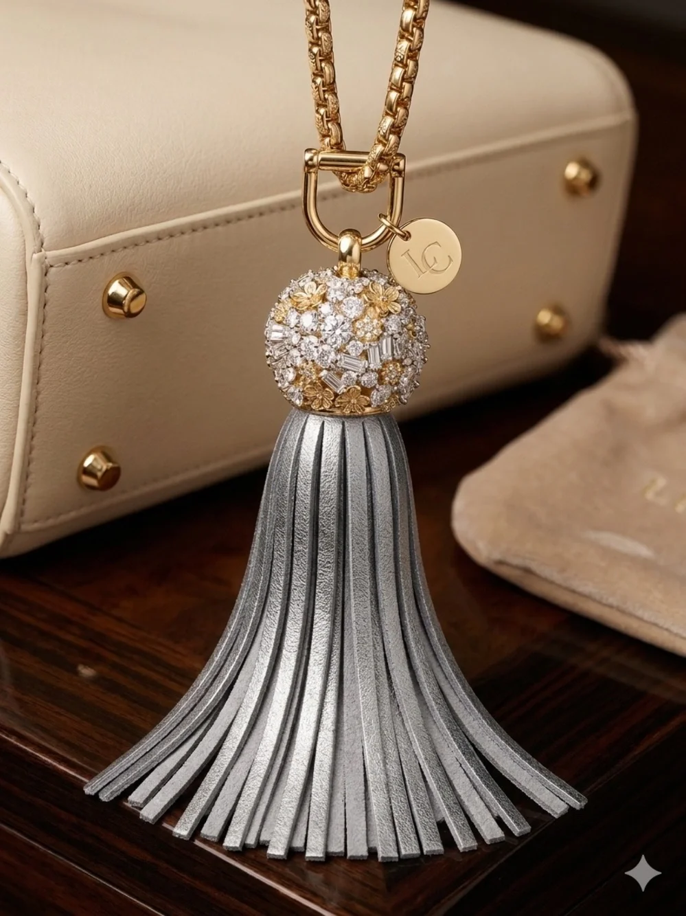 Blinged Keychain w gray leather fringe 🔑 Has goldtone hardware 🗝️ Brand New